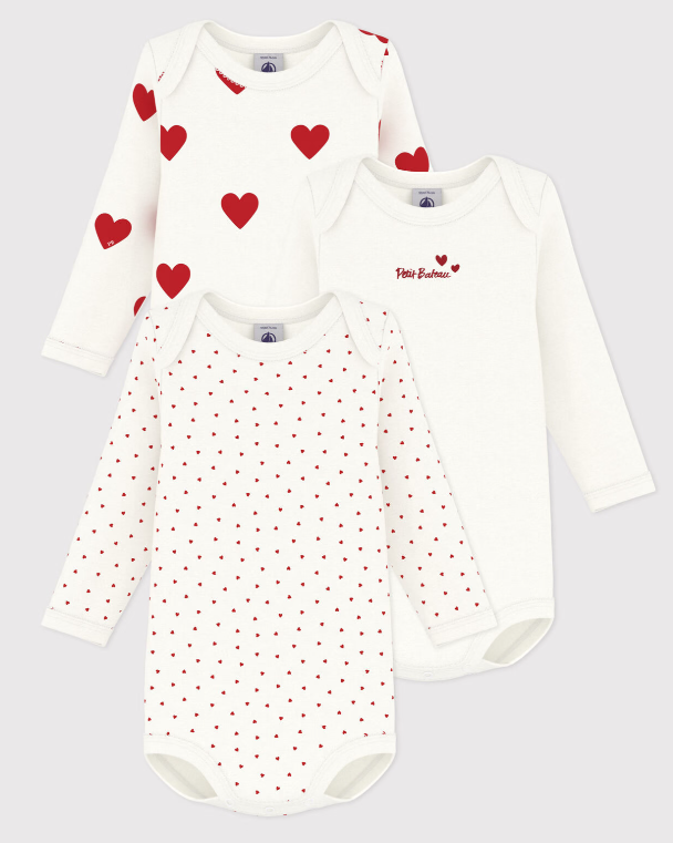 Petit bateau - Lot de 3 bodies manches longues coeur bébé en coton