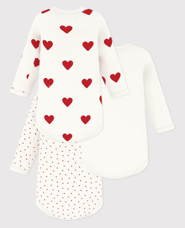Petit bateau - Lot de 3 bodies manches longues coeur bébé en coton