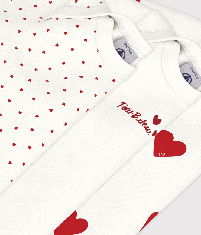 Petit bateau - Lot de 3 bodies manches longues coeur bébé en coton