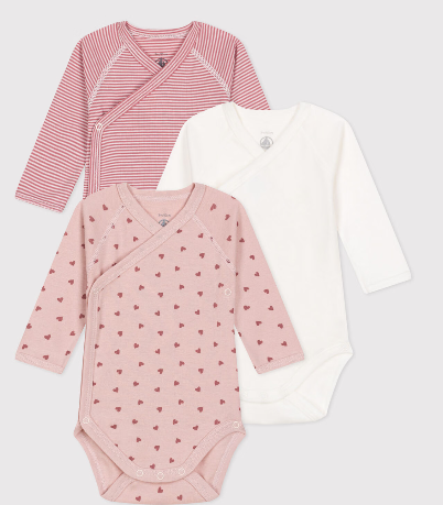 Petit bateau - Lot de 3 bodies croisés manches longues en coton 1 mois