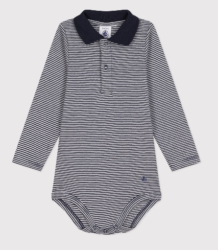 Petit Bateau - Bodie manches longues rayé à col en coton bébé