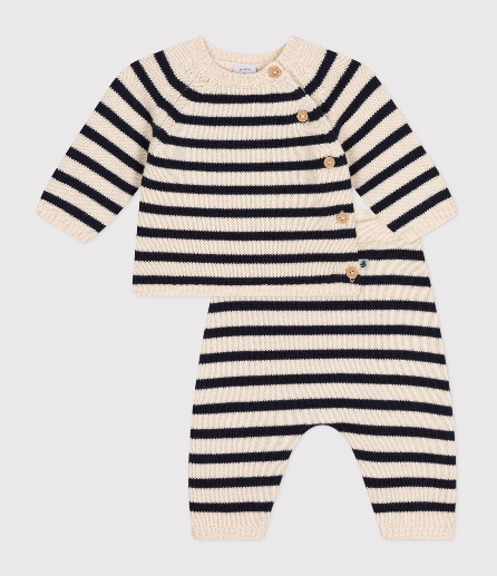 Petit bateau - Ensemble en tricot laine et coton rayure marinière