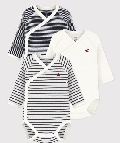 Petit bateau - Lot de 3 bodies croisés manches longues en coton