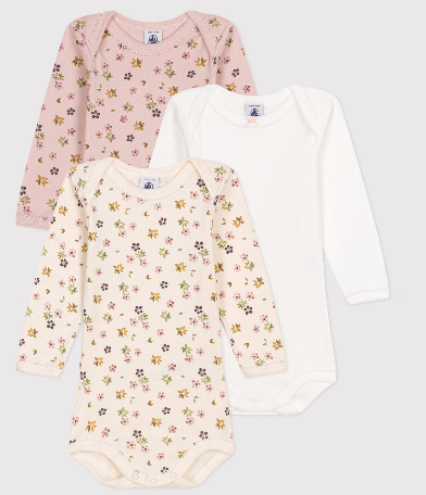 Petit bateau - Lot de 3 bodies manches longues fleurs en coton