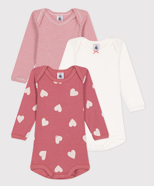 Petit bateau - Lot de 3 bodies manches longues cœurs en coton bébé