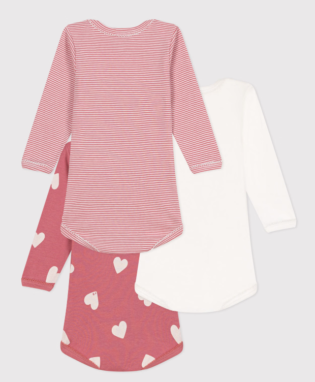 Petit bateau - Lot de 3 bodies manches longues cœurs en coton bébé