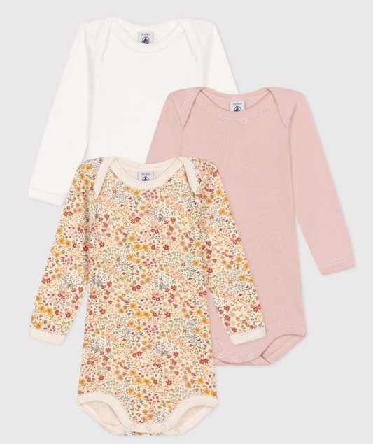 Petit bateau - Lot de 3 bodies manches longues fleurs en coton bébé