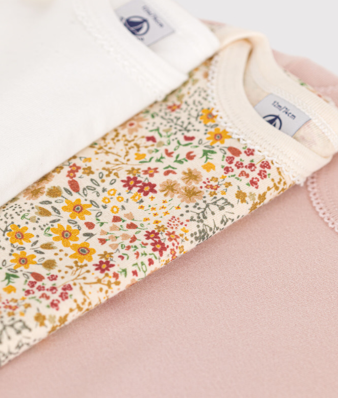 Petit bateau - Lot de 3 bodies manches longues fleurs en coton bébé