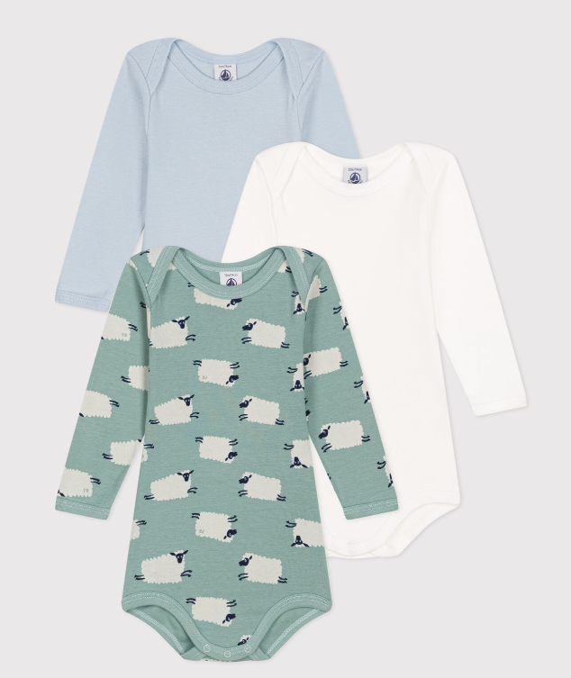 Petit bateau - Lot de 3 bodies manches longues imprimé montons en coton bébé