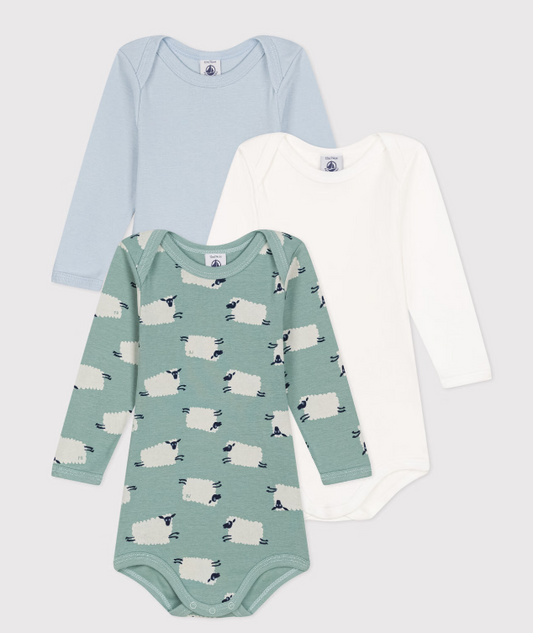 Petit bateau - Lot de 3 bodies manches longues imprimé montons en coton bébé