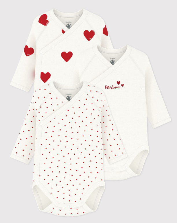 Petit bateau - Lot de 3 bodies croisés cœur rouge manches longues bébé