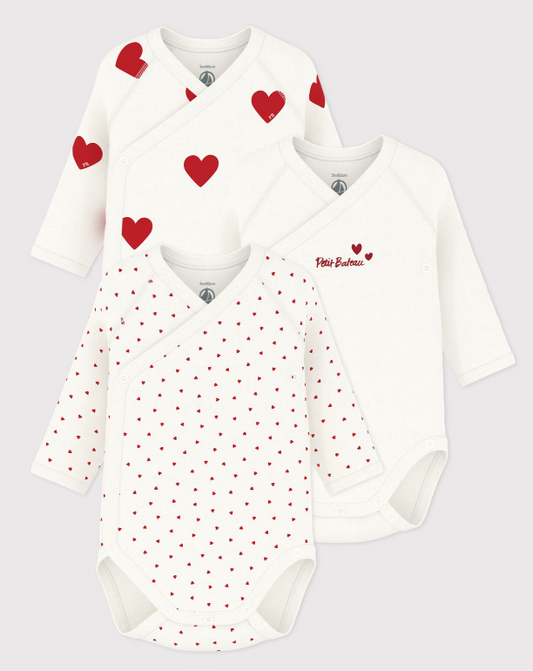 Petit bateau - Lot de 3 bodies croisés cœur rouge manches longues bébé
