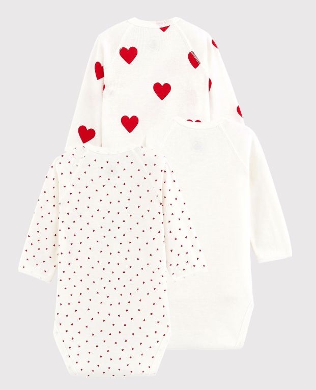 Petit bateau - Lot de 3 bodies croisés cœur rouge manches longues bébé