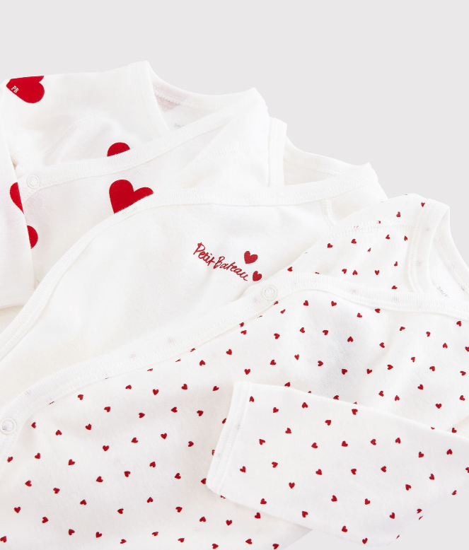 Petit bateau - Lot de 3 bodies croisés cœur rouge manches longues bébé
