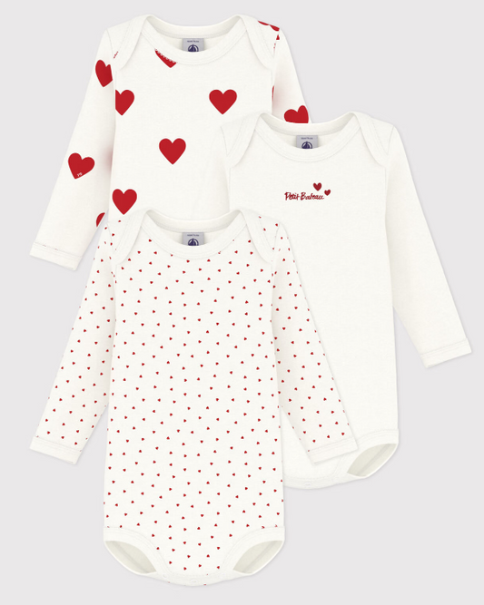 Petit bateau - Lot de 3 bodies manches longues coeur bébé en coton