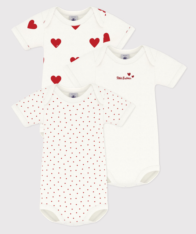 Petit bateau | Lot de 3 bodies cœur rouge manches courtes bébé en coton