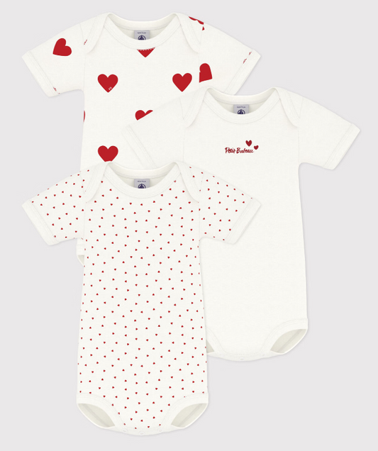 Petit bateau | Lot de 3 bodies cœur rouge manches courtes bébé en coton