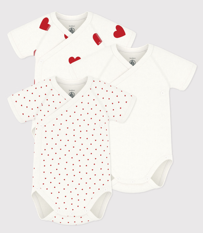 Petit bateau | Lot de 3 bodies croisés manches courtes en coton cœurs bébé