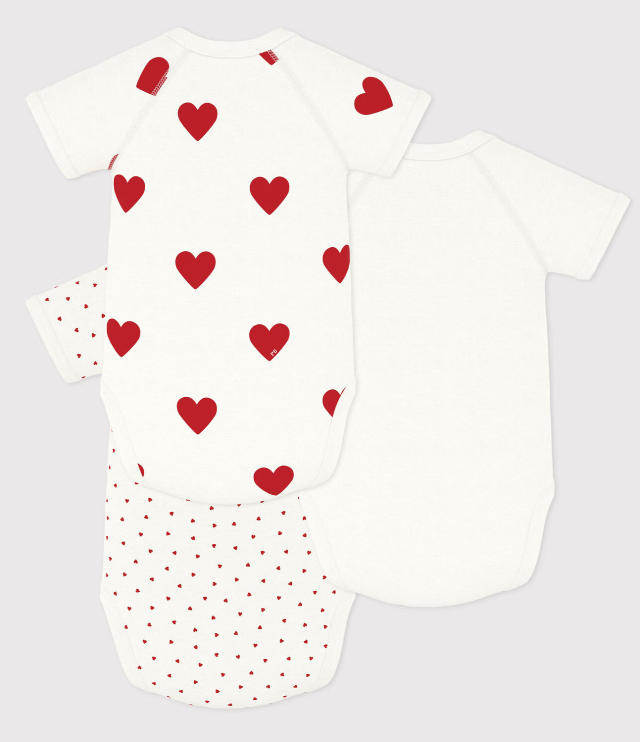 Petit bateau | Lot de 3 bodies croisés manches courtes en coton cœurs bébé