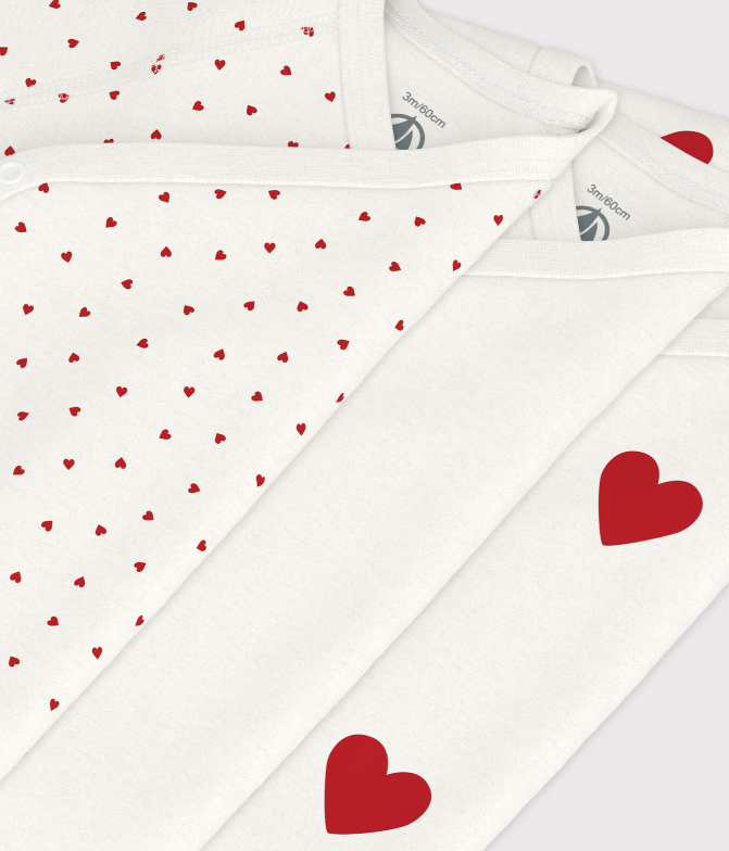 Petit bateau | Lot de 3 bodies croisés manches courtes en coton cœurs bébé