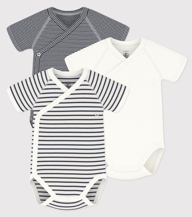 Petit bateau | Lot de 3 bodies croisés manches courtes rayures bébé en coton