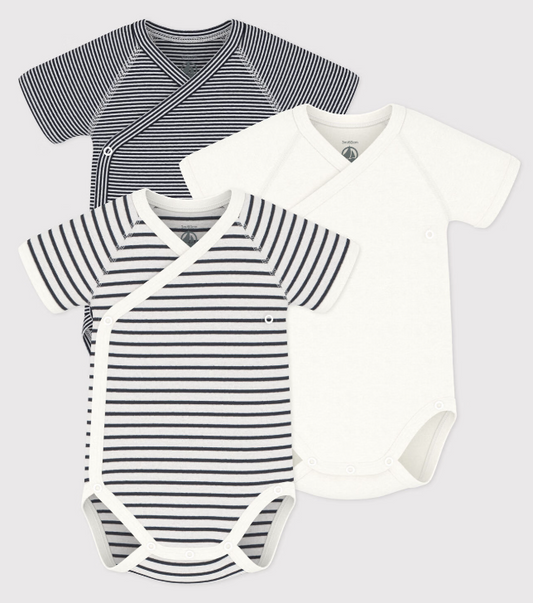 Petit bateau | Lot de 3 bodies croisés manches courtes rayures bébé en coton