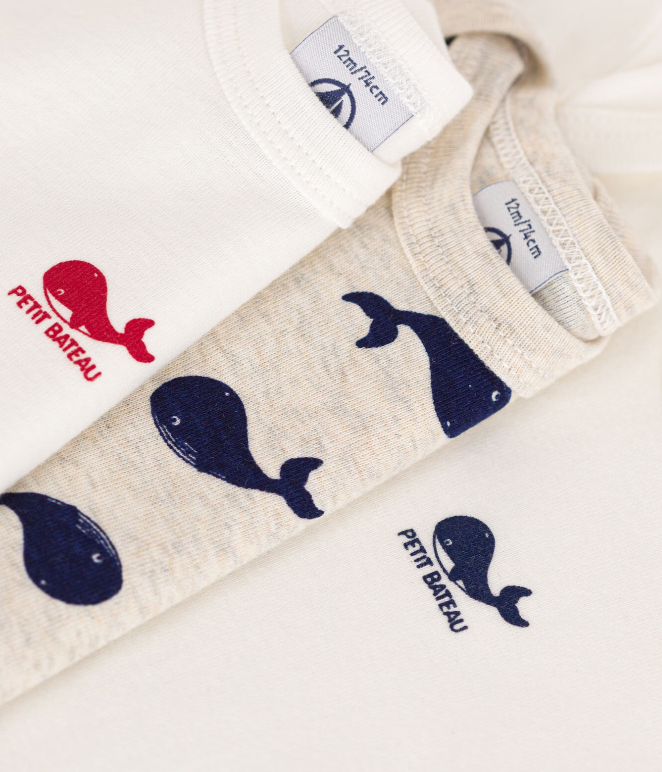 Petit bateau | Lot de 3 bodies manches courtes baleines en coton