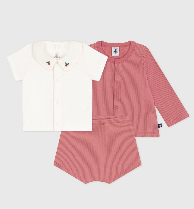 Petit bateau | Ensemble naissance trois pièces en coton et t-shirt à col brodé