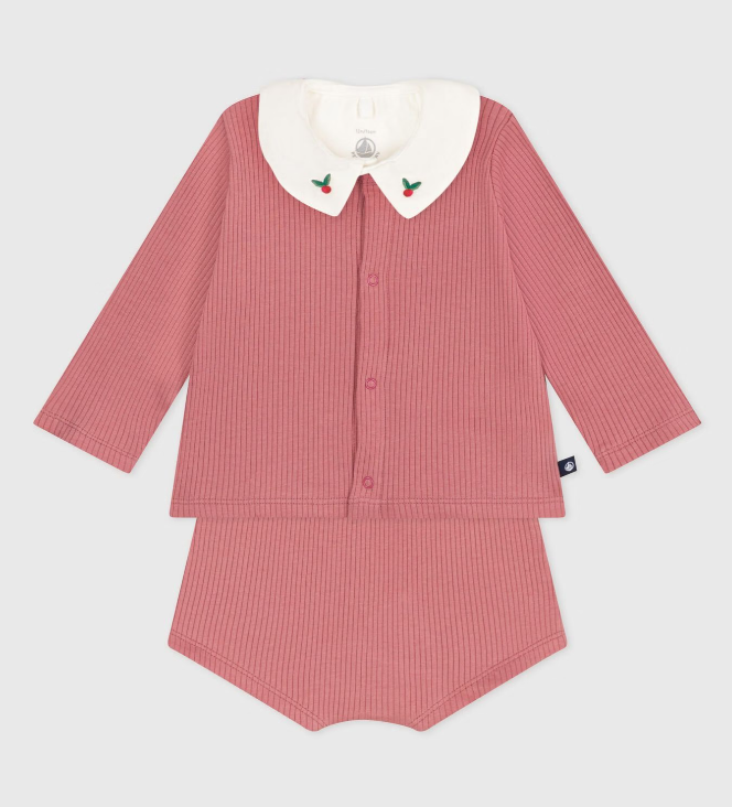 Petit bateau | Ensemble naissance trois pièces en coton et t-shirt à col brodé