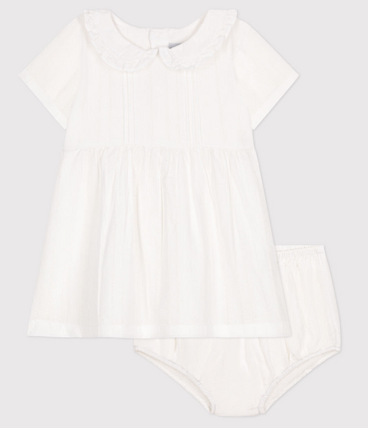 Petit bateau | Robe blanche en coton, bloomer et leurs détails ajourés