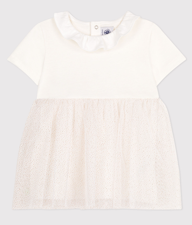 Petit bateau | Robe bébé en coton et tulle manches courtes et colerette