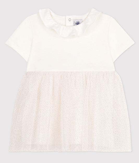 Petit bateau | Robe bébé en coton et tulle manches courtes et colerette