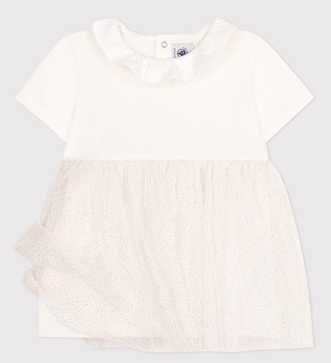 Petit bateau | Robe bébé en coton et tulle manches courtes et colerette
